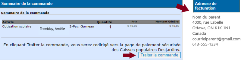 Résumé de commande affichant une cotisation scolaire pour Amélie Tremblay, avec les détails de facturation et un bouton pour traiter la commande.
