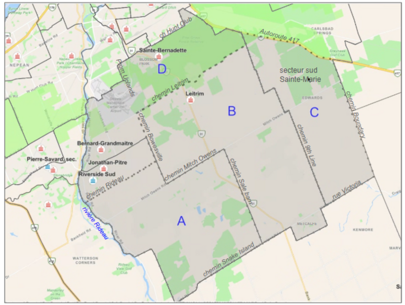 Carte du sud d’Ottawa présentant quatre zones de consultation, identifiées A, B, C et D, pour la délimitation des secteurs de fréquentation des écoles catholiques Leitrim et Riverside-Sud. Les écoles environnantes et les principales routes servent de repères.
