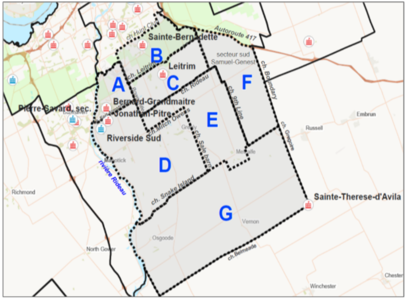 Carte du sud d’Ottawa présentant sept zones identifiées de A à G, délimitées par des lignes pointillées. Les écoles catholiques Riverside-Sud, Leitrim et les écoles environnantes, ainsi que les principales routes et la rivière Rideau, servent de repères.