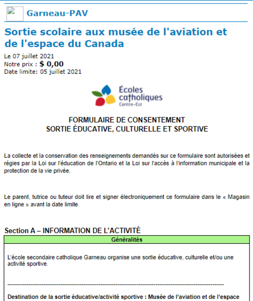 Formulaire de consentement pour la sortie scolaire au Musée de l'aviation et de l'espace du Canada, prix 0,00$.
