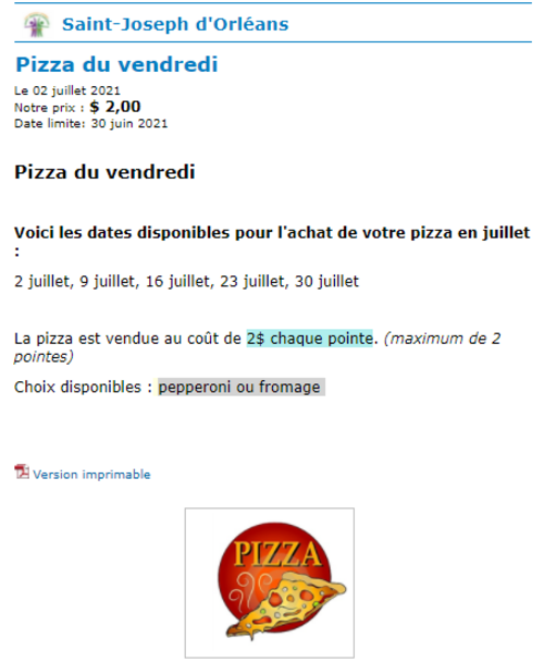 Page de commande "Pizza du vendredi" à 2,00$ la pointe, avec dates disponibles en juillet et choix pepperoni ou fromage.