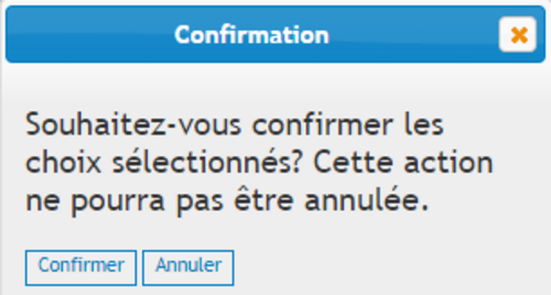 Boîte de dialogue de confirmation : "Souhaitez-vous confirmer les choix sélectionnés? Cette action ne pourra pas être annulée." Boutons "Confirmer" et "Annuler".