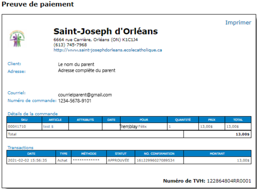 Reçu de paiement d'une commande scolaire.