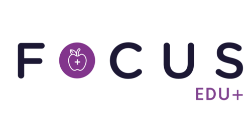 Logo « FOCUS EDU+ » avec l’icône d’une pomme comportant un symbole + à l’intérieur de la lettre « O » sur fond violet.