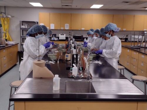 Groupe d’élèves portant des sarraus, des gants, des masques et des coiffes de protection, travaillant sur des expériences dans un laboratoire scientifique