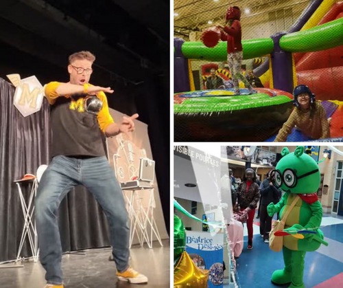 Homme présentant un spectacle de magie sur scène, élèves jouant sur des structures gonflables et mascotte de Camille la chenille