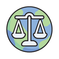 Icône d’une balance de la justice devant un globe terrestre stylisé.