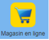 Magasin en ligne, avec icône de panier d'achat bleu sur fond jaune.