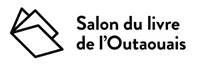 Logo Salon du livre de l’Outaouais, dessin stylisé de trois pages ouvertes à gauche du texte « Salon du livre de l’Outaouais ».