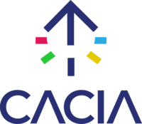 Icône avec une flèche bleue pointant vers le haut entourée de traits colorés (rouge, vert, bleu clair et jaune). Texte en dessous : CACIA.