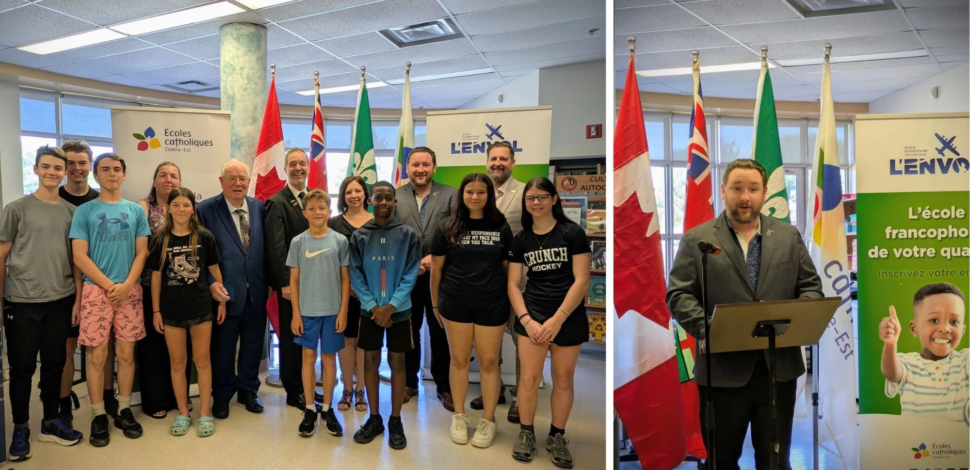 Montage photo montrant des élèves et des dignitaires réunis à l’École élémentaire catholique L’Envol lors de l’annonce d’un financement pour la construction d’un nouveau pavillon secondaire, ainsi qu’une allocution prononcée devant les drapeaux et les bannières de l’école.