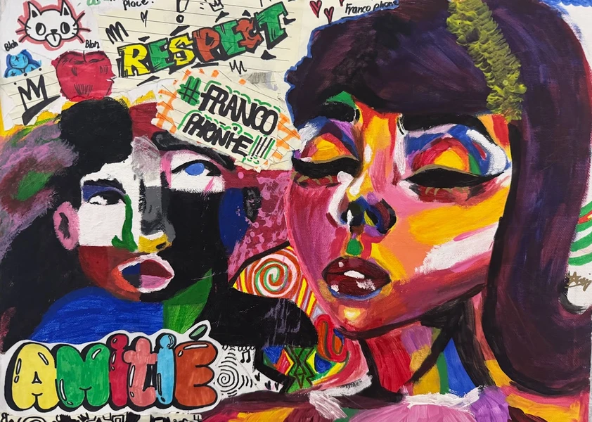 Une scène symbolique qui illustre le thème à travers les couleurs et les formes. Elle met en avant des mots comme Respectm Francophonie et amitié. L’ensemble invite le spectateur à réfléchir au message et à l’interpréter à sa manière.
