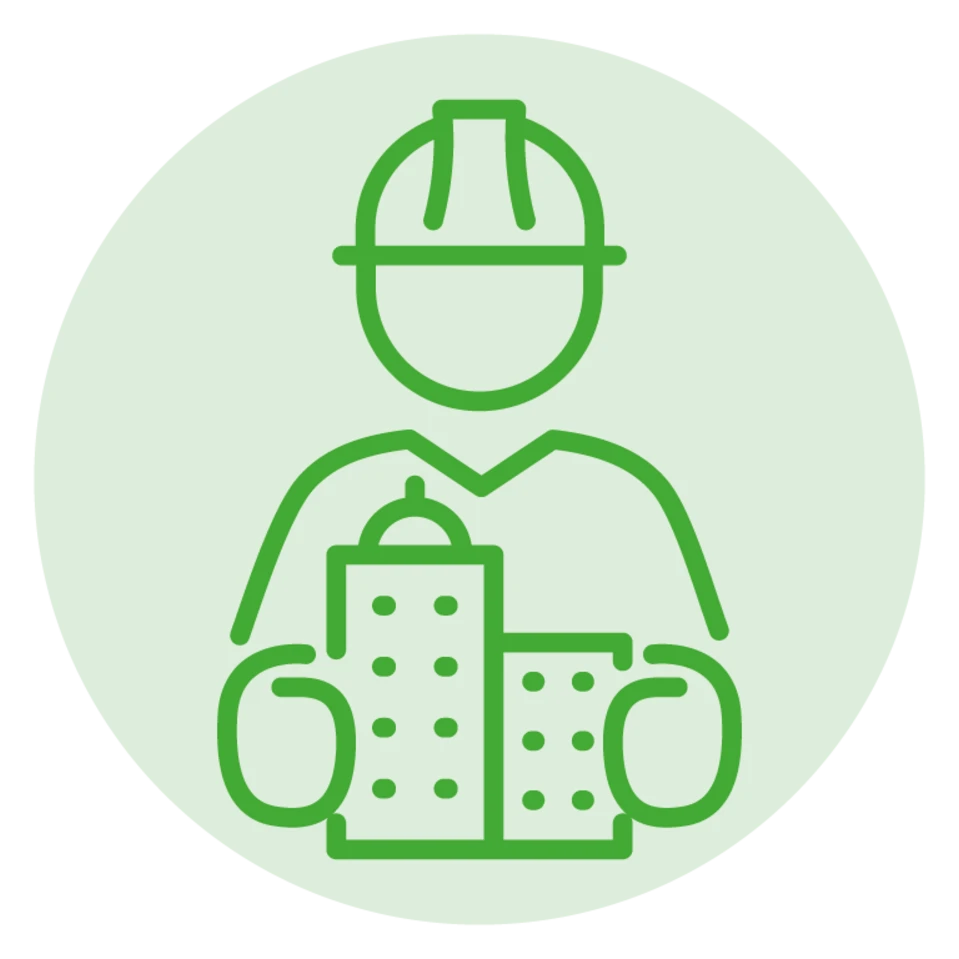 Icône d’un élève portant un casque de chantier et tenant deux bâtiments stylisés.