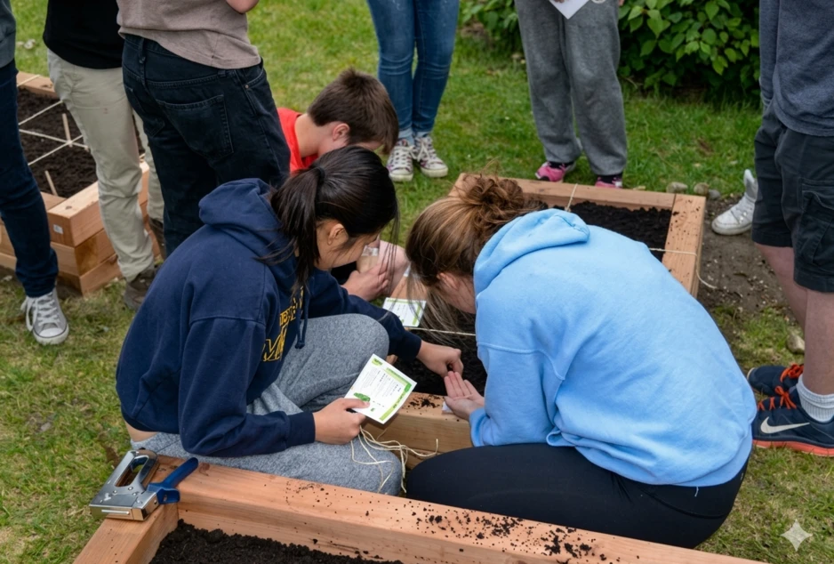 Des jeunes s'activent autour de bacs de jardinage surélevés pour planter des graines. Au premier plan, deux adolescentes en chandails à capuchon consultent un sachet de semences et manipulent la terre.