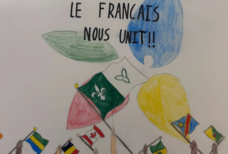 Dessin montrant des drapeaux du monde et le texte Le français nous unit!