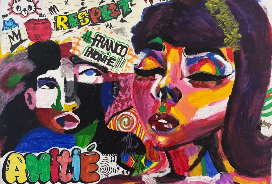 Une scène symbolique qui illustre le thème à travers les couleurs et les formes. Elle met en avant des mots comme Respectm Francophonie et amitié. L’ensemble invite le spectateur à réfléchir au message et à l’interpréter à sa manière.