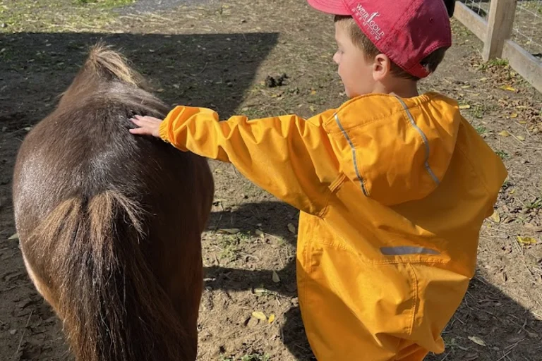 Jeune élève caressant un poney dans un enclos extérieur, vêtu d’un habit de pluie jaune et d’une casquette rouge.