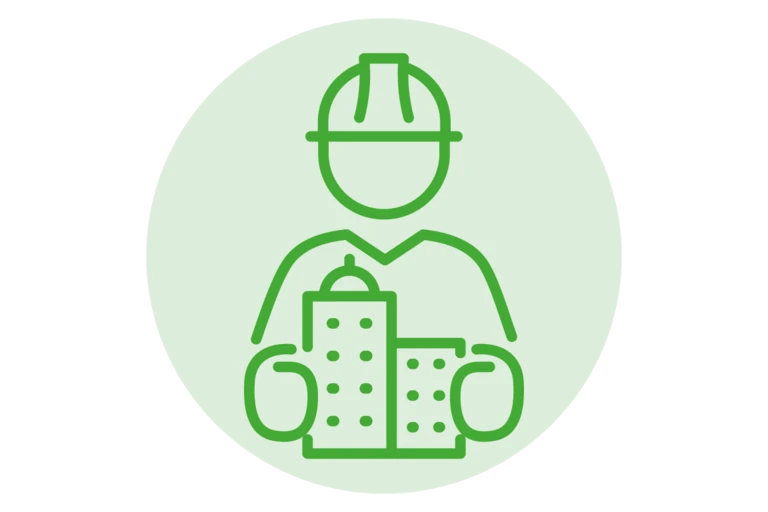 Icône d’un élève portant un casque de chantier et tenant deux bâtiments stylisés.