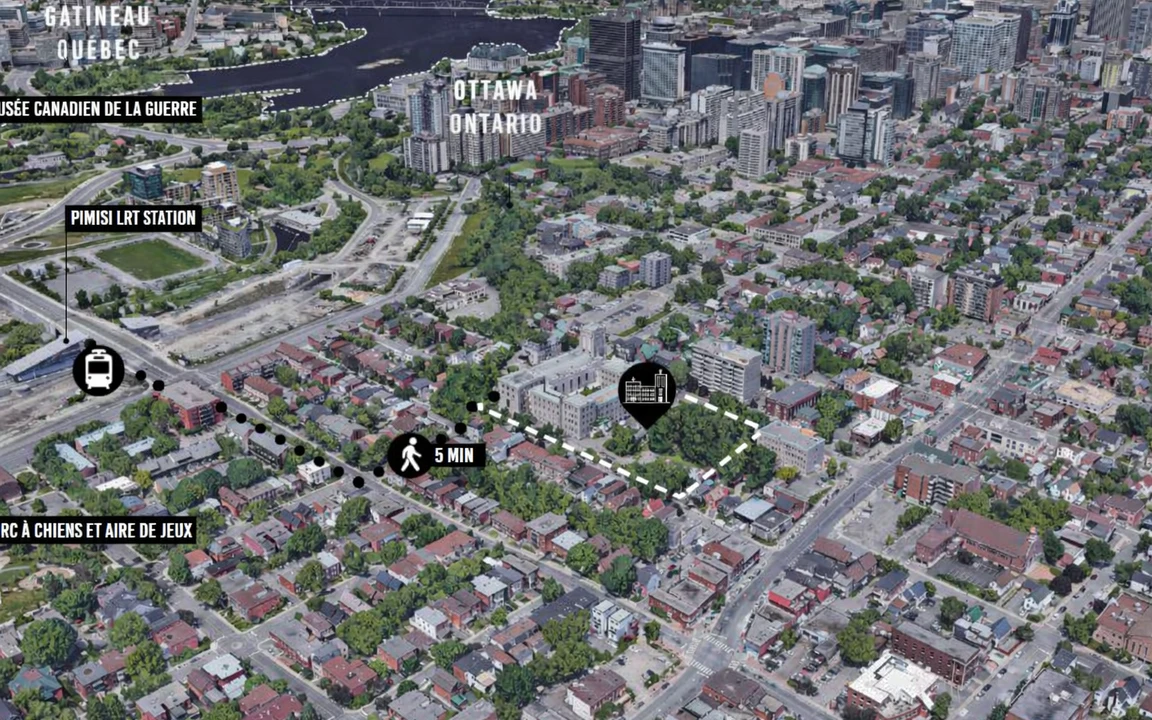 Vue aérienne du centre-ville d’Ottawa et du quartier environnant montrant l’emplacement de l’École secondaire catholique Saint-Jean-Baptiste, avec un trajet piéton d’environ cinq minutes vers la station Pimisi du train léger près des plaines LeBreton.
