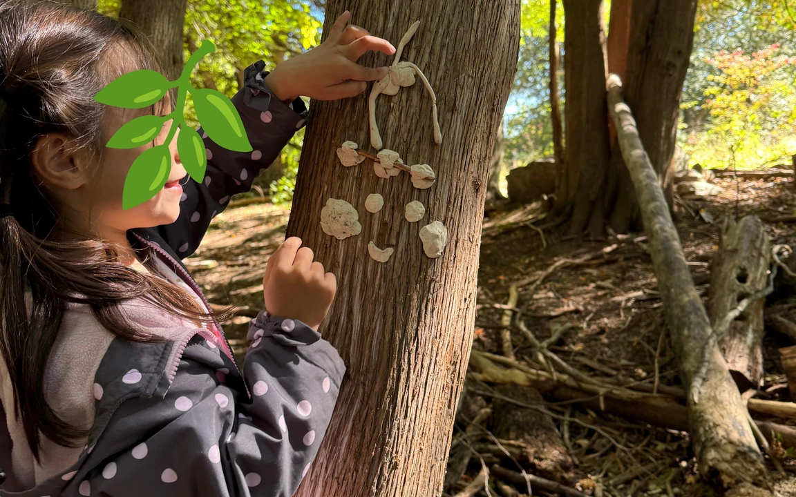 Une élève colle des formes sur un arbre au Centre agro-éducatif