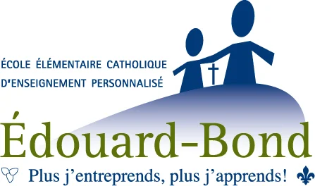  Logo de l’École élémentaire catholique d’enseignement personnalisé Édouard-Bond avec deux icônes d’élèves, une croix, un dégradé bleu, un trillium et une fleur de lys. Texte : « Plus j’entreprends, plus j’apprends! ».