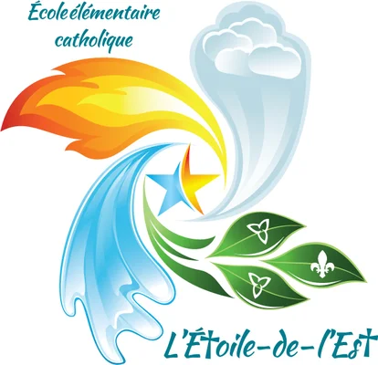 Logo de l’École élémentaire catholique L’Étoile-de-l’Est représentant une étoile au centre entourée de flammes, de nuages, d’eau et de feuilles avec un trillium et une fleur de lys.