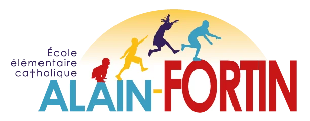 Logo de l’École élémentaire catholique Alain-Fortin avec quatre icônes d’élèves en mouvement devant un demi-cercle en dégradé jaune et orange.