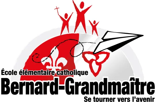 Logo de l’École élémentaire catholique Bernard-Grandmaître avec trois icônes d’élèves, une croix, un avion en papier, une fleur de lys et un trillium.