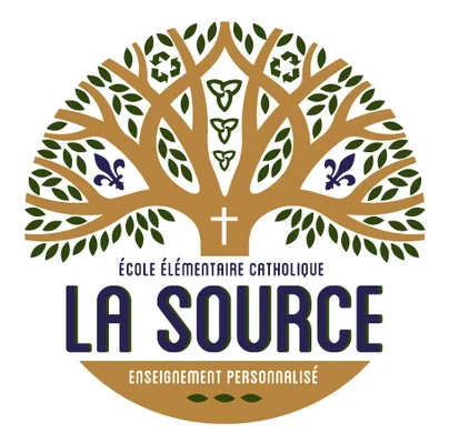 Logo de l'École élémentaire catholique La Source, un arbre avec une croix et des feuilles, et le texte Enseignement personnalisé