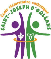 Logo de l’École élémentaire catholique Saint-Joseph d’Orléans avec deux icônes d’élèves, l’un violet avec une fleur de lys, l’autre vert avec un trillium, entourés d’un anneau orange.