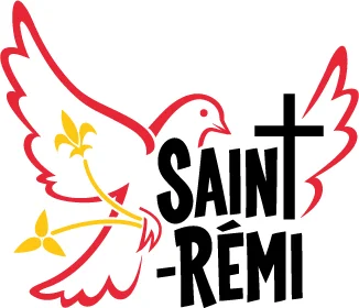 Logo de l’École élémentaire catholique Saint-Rémi représentant une colombe blanche stylisée portant une fleur de lys et un trillium, avec une croix noire intégrée au nom de l’école.