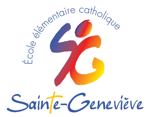 Logo de l’École élémentaire catholique Sainte-Geneviève, avec une icône stylisée multicolore formant les lettres « SG » et une croix intégrée dans le mot « Sainte ».