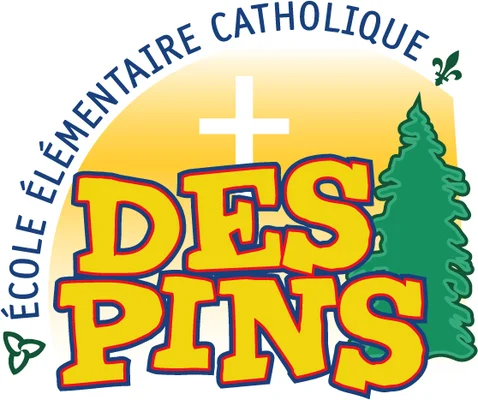 ogo de l’École élémentaire catholique Des Pins avec une croix blanche, un grand pin vert, un fond jaune, une fleur de lys et un trillium.