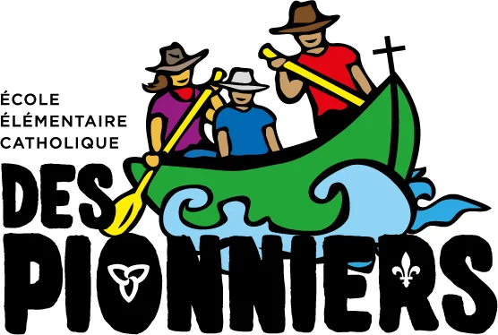 Logo de l’École élémentaire catholique des Pionniers montrant trois icônes d’élèves dans un canot vert sur des vagues, avec une croix, une fleur de lys et un trillium.
