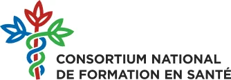 Logo du Consortium national de formation en santé, caducée stylisé en rouge, bleu et vert formant une tige surmontée de trois feuilles 