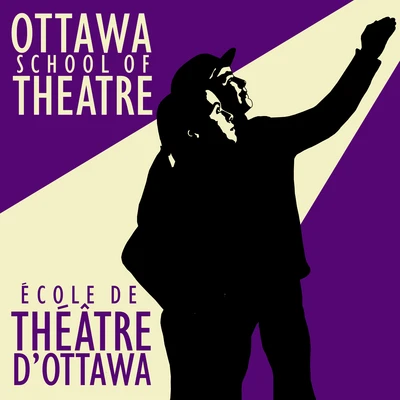 Icône de deux élèves en silhouette regardant vers un faisceau de lumière, accompagnée du texte « Ottawa School of Theatre / École de Théâtre d’Ottawa » sur un fond violet et beige.